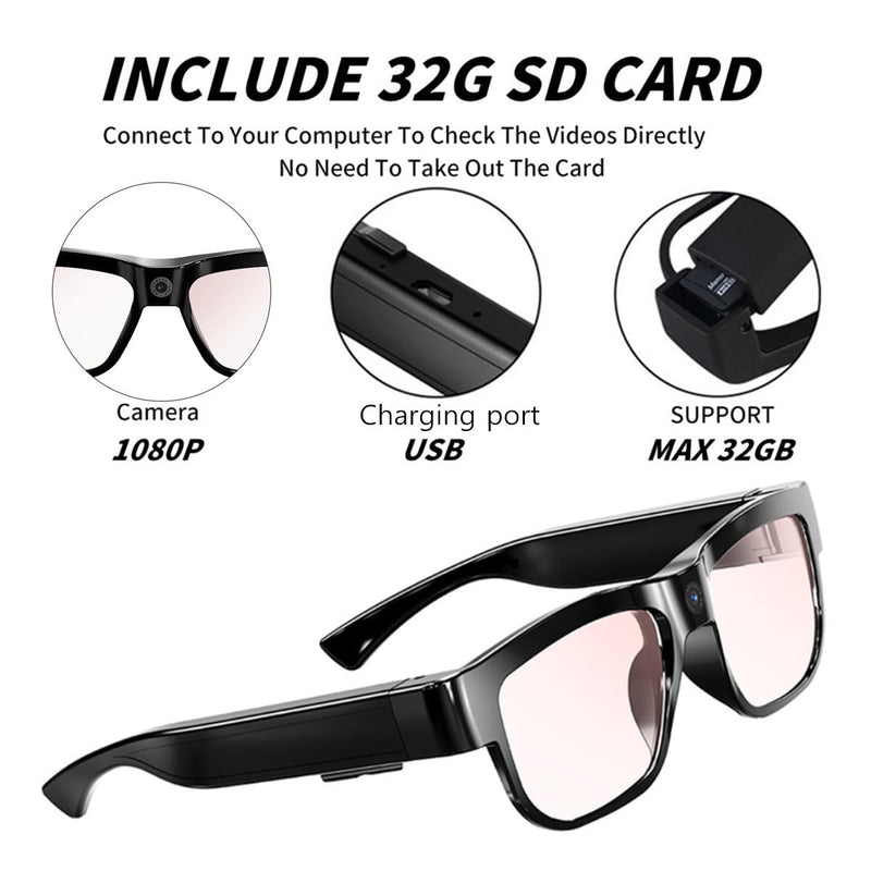 Camera Glasses Smart Video Glasses with Camera Wearable Sports Eye Glasses Outdoor Recording Motorcycle Riding Hiking Built-in 32G Memory