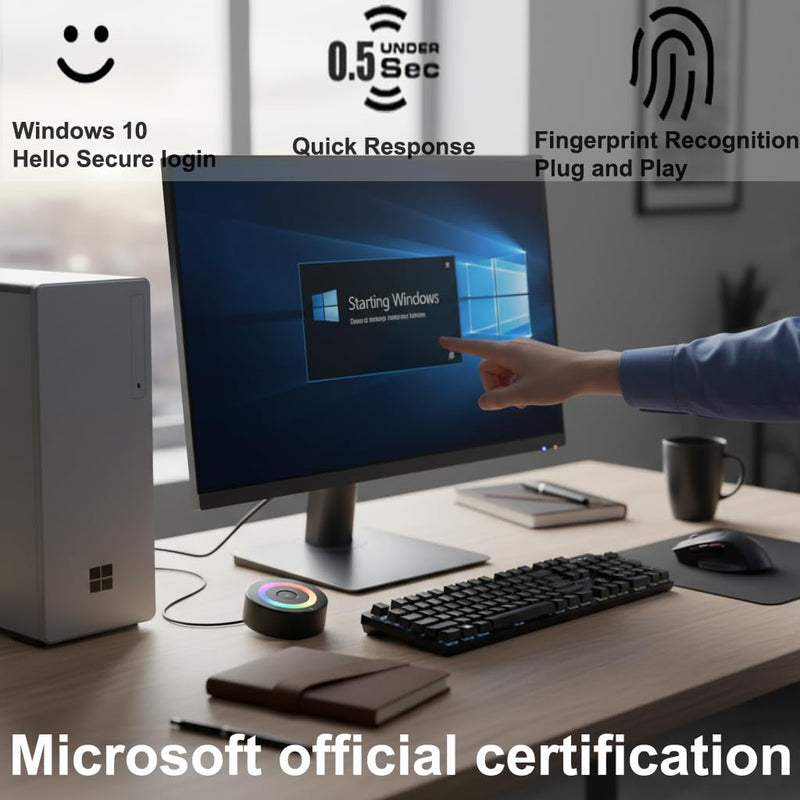 USB Fingerprint Reader Fingerprint for Windows10/11, Tap and Go with 360° Touch with 5ft Extension Cable-Windows Password Free Operation Windows Hello Automatic Driver Installation