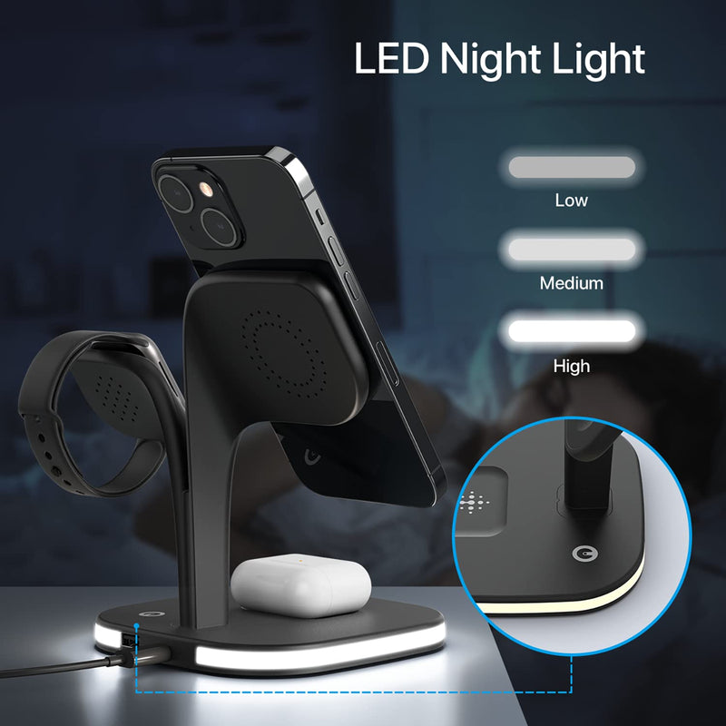 Magnetic Charging Station, EXW 5 in 1 Faster Mag-Safe Wireless Charger Stand for iPhone 14,13,12 Pro/Max/Mini/Plus, Apple Watch 8/7/6/SE/5/4/3/2 and Airpods 3/2/Pro/Pro 2 with LED and Adapter (Black) Black