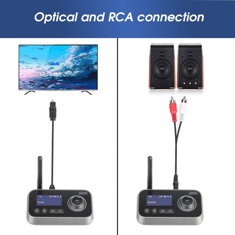 Bluetooth 5.0 Audio Transmitter Receiver Dual Connection for TV Headphones and HiFi Speakers - August MR280 - Multipoint, Low Latency, Stereo, Volume Control, Optical RCA Jack 3.5mm Mains Powered USB