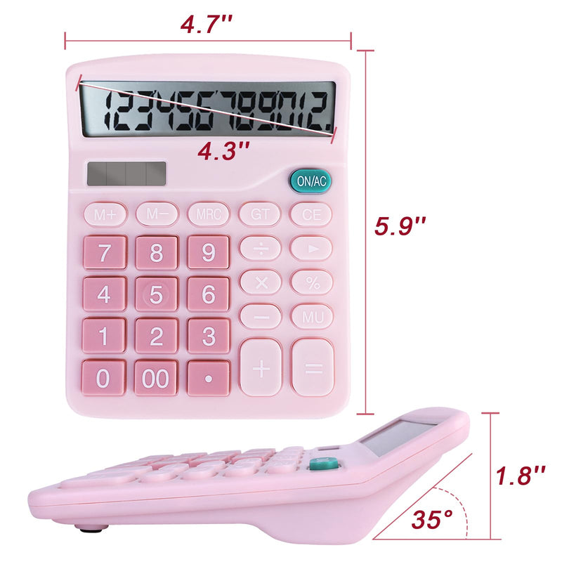 Basic Calculator with Comfortable Large LCD Display, 12 Digits Calculators Desktop, Tilt Screen, Big Button, Desk Calculator with Dual Power (Solar & Battery Included) (Pink) Pink