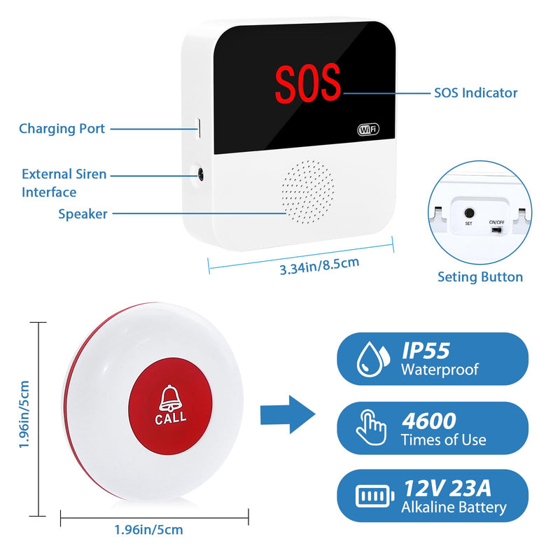WiFi Rechargable Smart Wireless Caregiver Call Button Nurse Calling Life Emergency Alert System for Seniors Elderly Patient Disabled Kids 3 SOS Panic Buttons 1 Receiver (only Supports 2.4GHz Wi-Fi) 3 Button & 1 Receiver