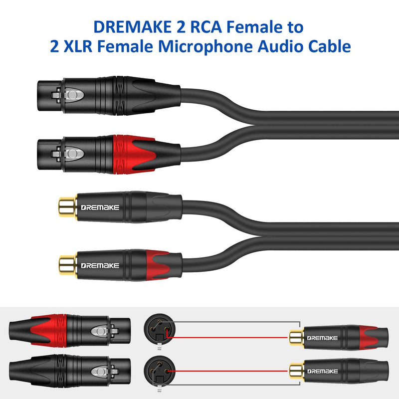 DREMAKE RCA to XLR Cable 10FT, 2RCA Female to 2XLR Female Audio Extension Cord, Unbalanced Female XLR to Female RCA Extender Speaker Cable for Amplifier, Mixing Board, Subwoofer, DJ Controller - 3M 10FT/3.0M