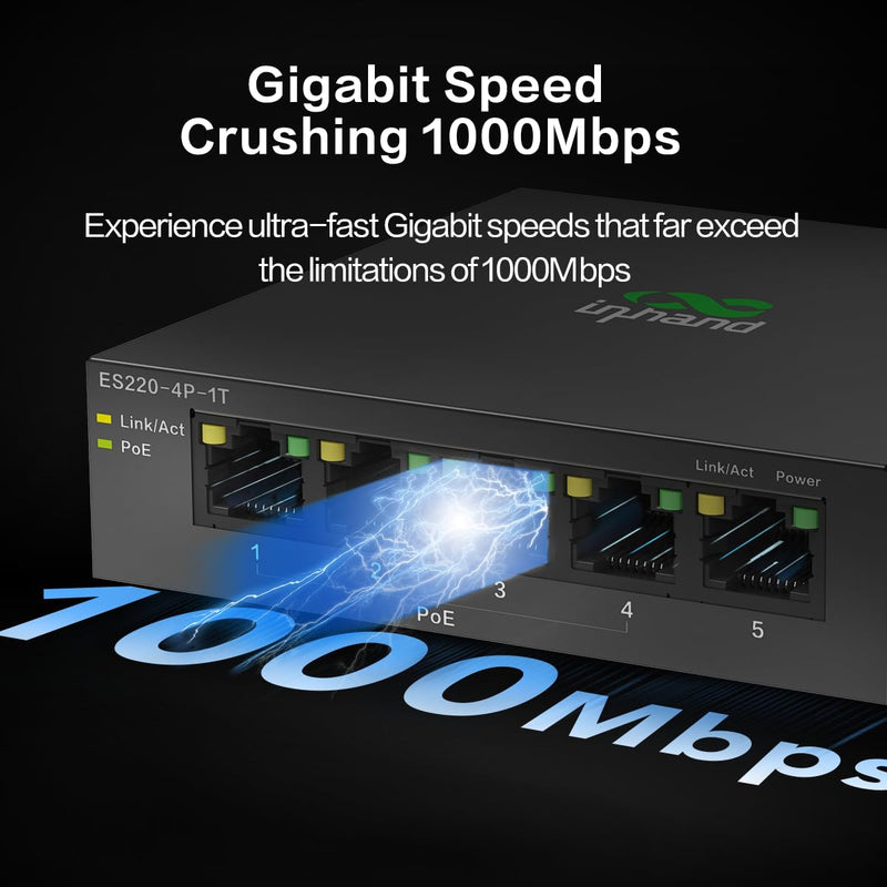 InHand ES220-5T 5-Port Unmanaged Gigabit Switch | Plug and Play Network Extender, Fanless Metal Casing, For Business, Office & Home Network 5-Port Gigabit Ethernet Switch