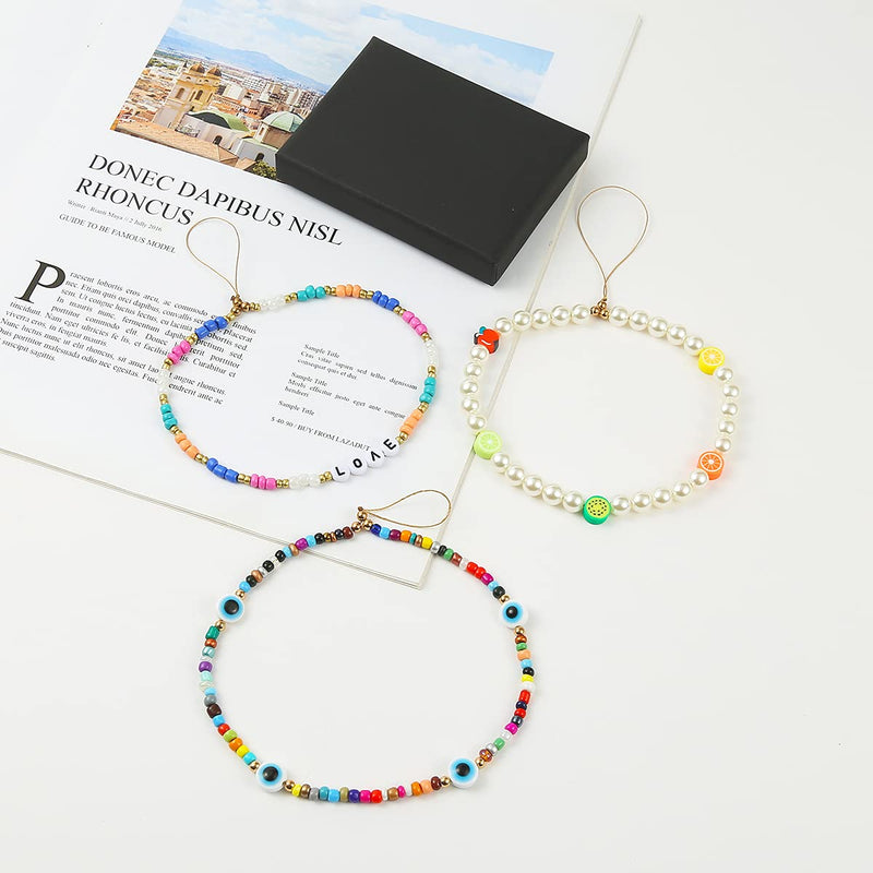 Taouzi 6PCS Beaded Phone Lanyard Wrist Strap Face Beaded Phone Charm Fruit Star Pearl Rainbow Color Beaded Phone Chain Strap for Women Girls Style6-1