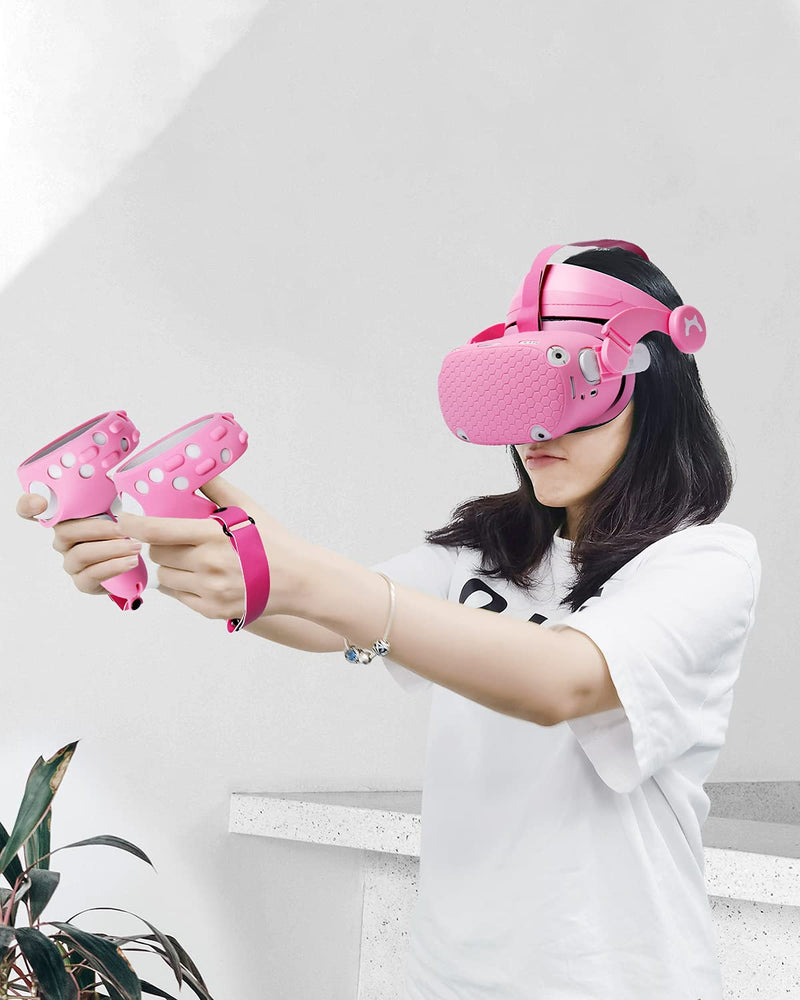 VR Adjustable Head Strap for Oculus Quest 2 Skins Cute Accessories with Silicone Touch Controller Grip Cover,Barbie Pink 6 in1 VR Shell Protector Cover & VR Face Cover Replacement Set Pink 2