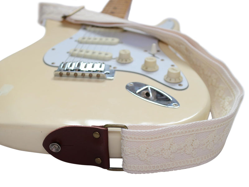 MUSIC FIRST Original Design, 2 inch width (5cm), Cream Lace Electric Guitar Strap Bass Strap With Genuine Leather Strap End (The Leather Made In Italy) (Cream Lace)