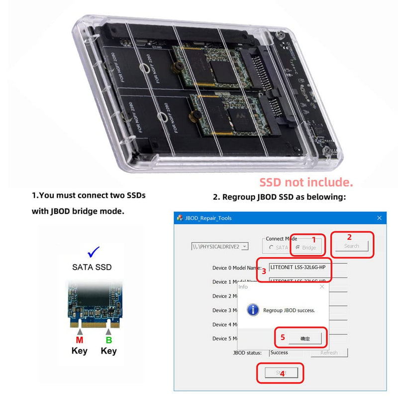 xiwai Dual NGFF B+M-Key M.2 SSD Card JOBD Raid0 Span Bridge to USB3.0 Type-C USB-C 2.5inch SATA Combo Enclosure NGFF+NGFF to USBC