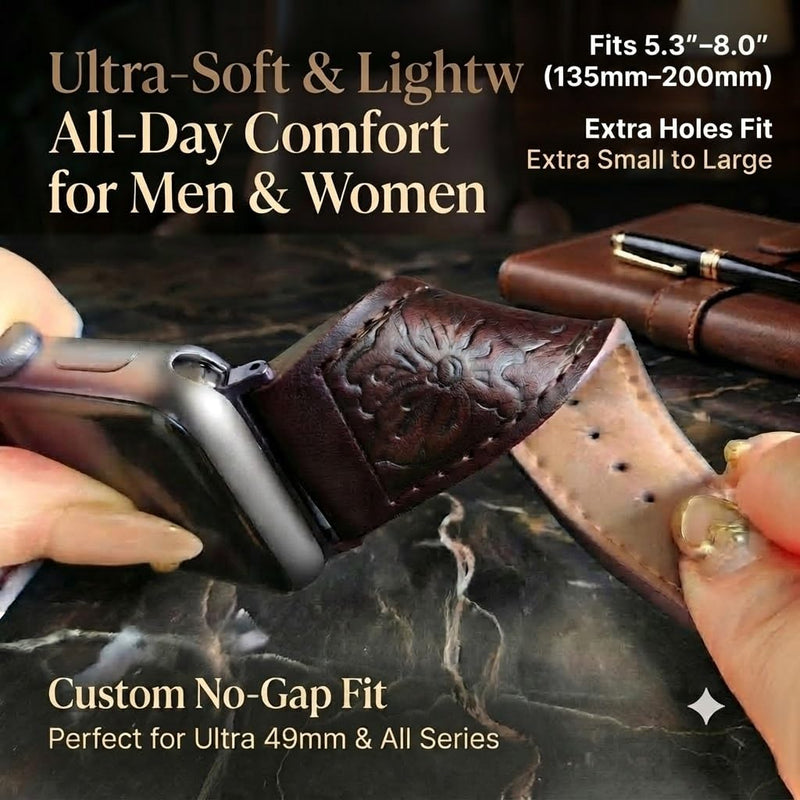 Tooled Leather Band Compatible with Apple Watch Ultra 3 2 1 & Series 11/10/9-3 SE, 3D Floral Western Strap for Men Women Antique Walnut / Black 44/45/46/49mm Ultra/42mm(S 1/2/3)
