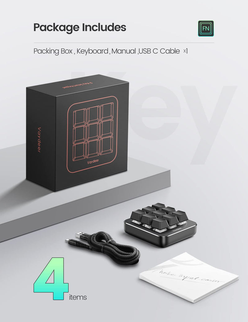 VAYDEER One-Handed Mechanical Keyboard Support NKRO, Hotkeys, One-Click Start,9 Fully Programmable Keys with Floating Window and Macro Multifunctional Keypad Compatible with iOS,Windows