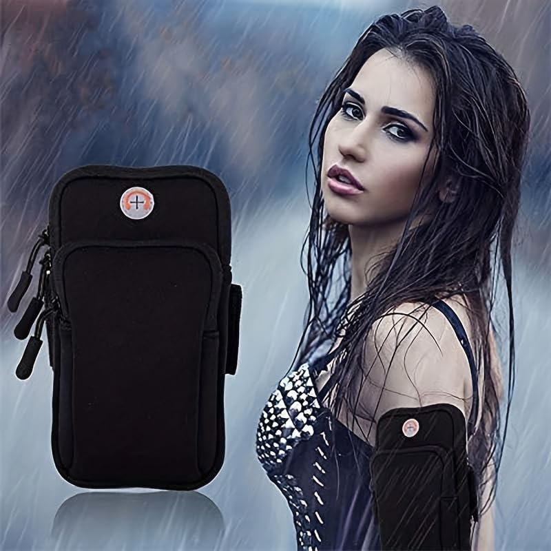 Phone Armband Waterproof Zip Pocket Adjustable Strap Headphone Port Fits iPhone 17-7 Plus Galaxy S26-S24 for Jogging Gym, Black