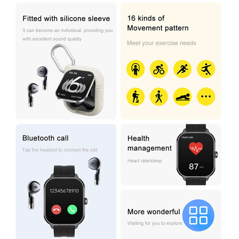 Tuanzi D8Pro 2.01" TFT Smartwatch with Earbuds Smart Watch TWS Wireless Bluetooth Headset Health Monitor Fitness Tracker Bluetooth Call Music Player (Black Silicone) Black Silicone