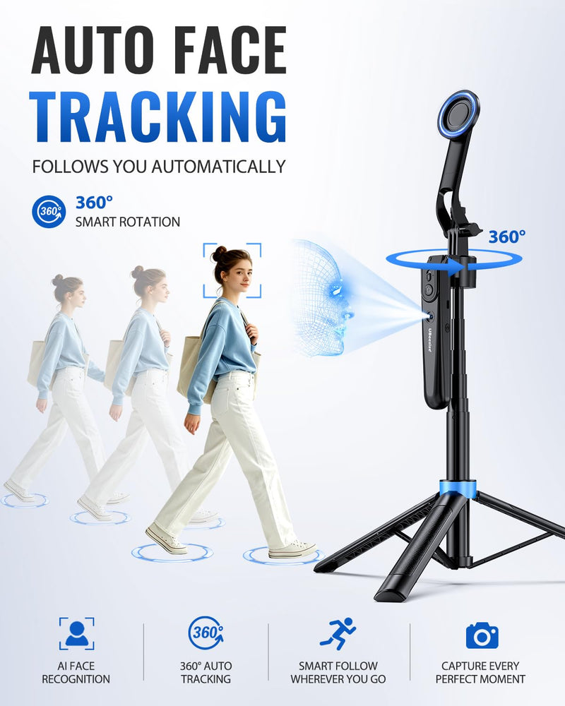 UBeesize 72” Auto Face Tracking Tripod for iPhone, MagSafe Selfie Stick with Remote, 360° Magnetic Phone Stand with Gesture Control for TikTok, Live Stream & Vlogging 72-in