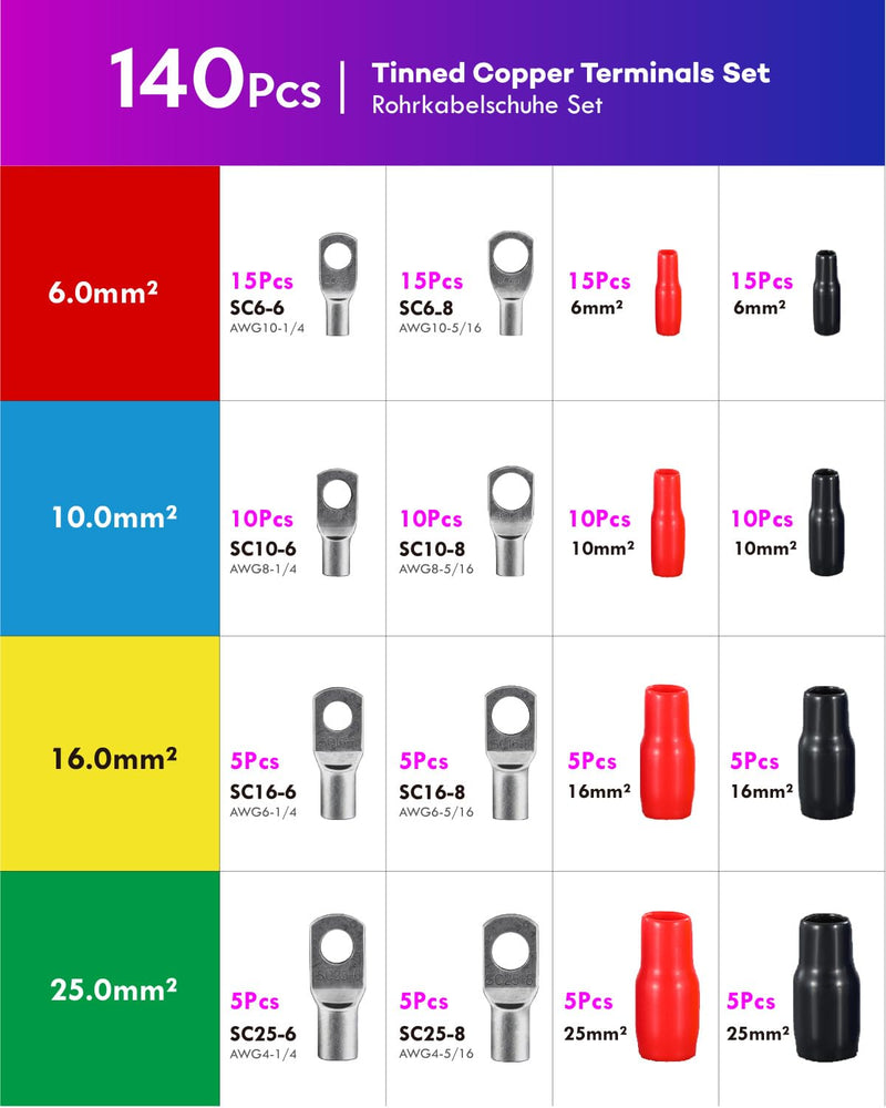 ANVINKU Pack of 140 Tube Cable Lugs, 25 mm² 16 mm² 10 mm² 6 mm² Cable Lugs Set for Car Battery Cable Set, 70 Tube Cable Lugs Set + 70 Sleeves, SC Tube Terminal Set, Cable Lugs for Car Boats 140pcs