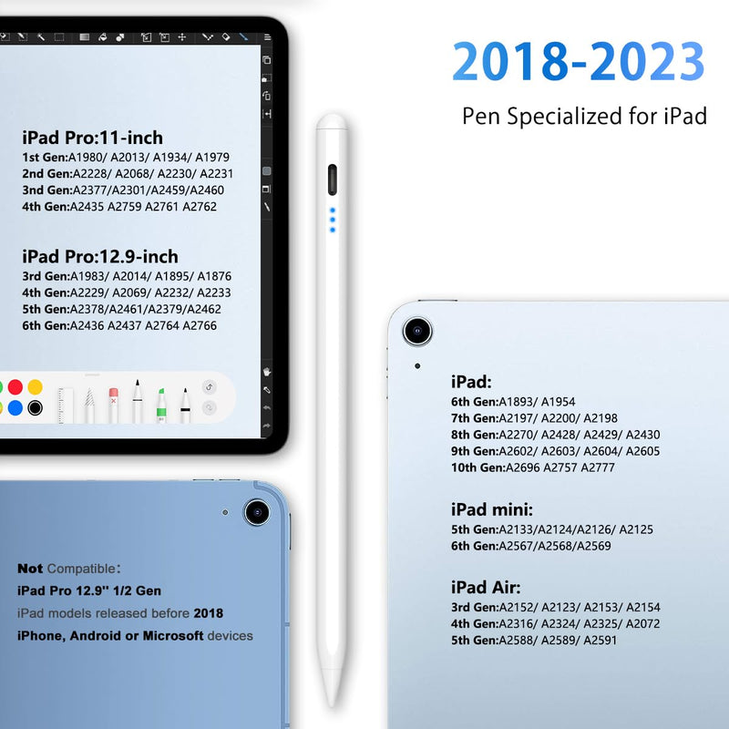Stylus Pen for iPad, 5min Fast Charge Pencil for iPad/Pro/Air/Min 2018-2024, Pen for iPad with Tilt Sensitive& Palm Rejection& Magnetic for Professional Drawing, Writing, Working (White) WHITE