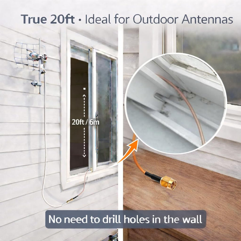 SMA Coaxial Cable LTE Antenna Extension Kit Low Loss 3D-FB – Dual Coax Cable Set with 20FT Extension & 20IN Jumper, SMA Male to Female for Signal Booster Indoor Outdoor