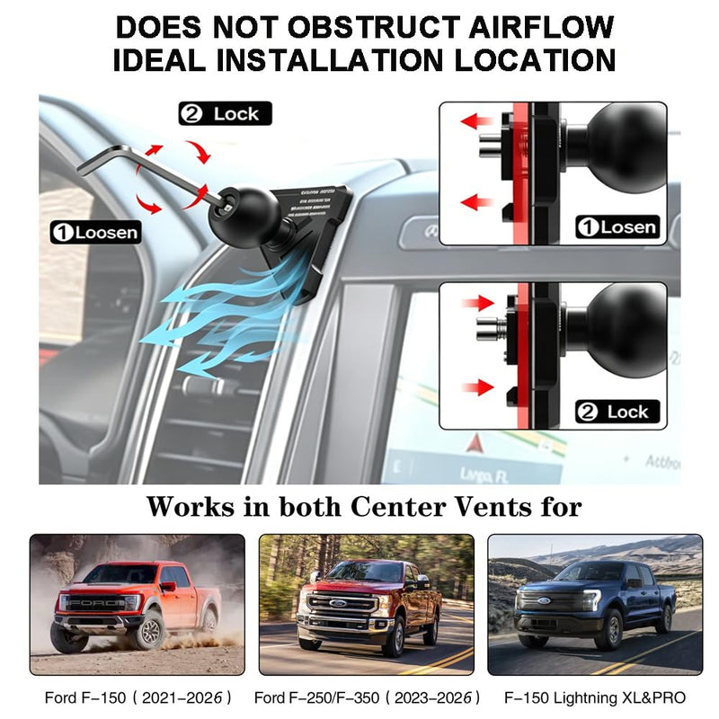 Aluminum Car Vent Phone Mount for Ford F150 (2021-2026) | Ford F-250/F-350 2023-2026| F-150 Lightning XL&PRO 2022-2026 | 360° Rotation | Zero Slip Anti-Scratch | for All Smartphones Ford F-150 Vent Phone Mount (2021-2024)