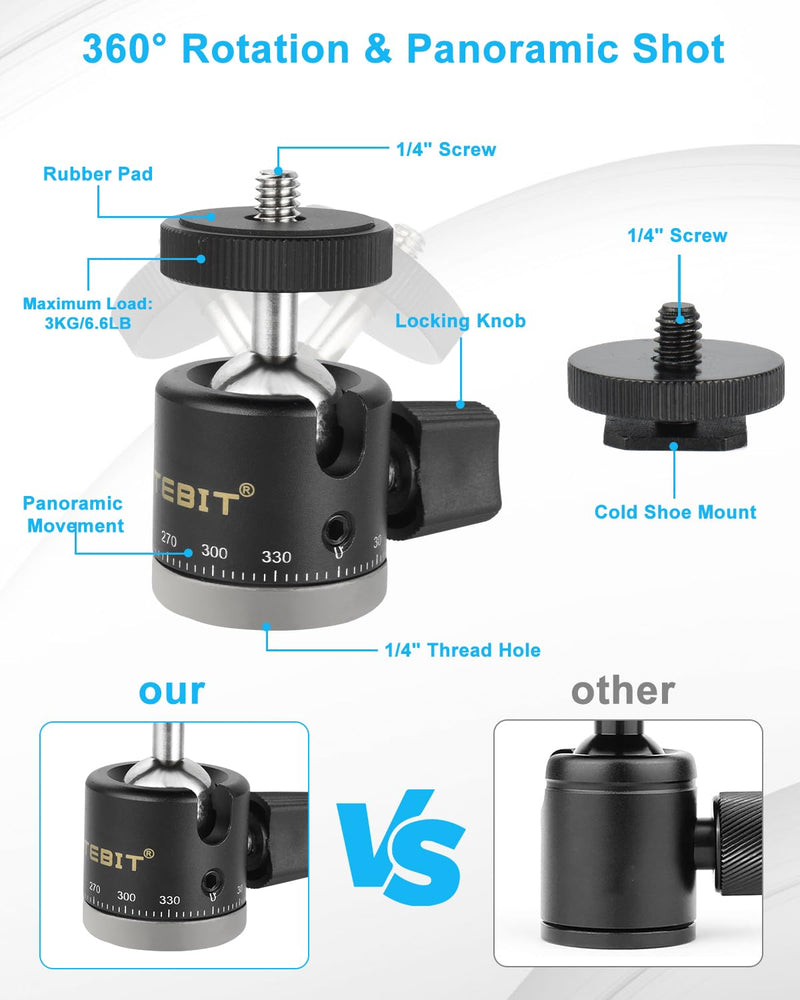 UTEBIT Mini Ball Head, 360° Panoramic Tripod Head Mount with 1/4" Screw, 20 mm Camera Ball Head Mount Compatible with Arca Swiss for Video Cameras DSLR Cameras Loading 6.6lb 20mm Scale Ball Head