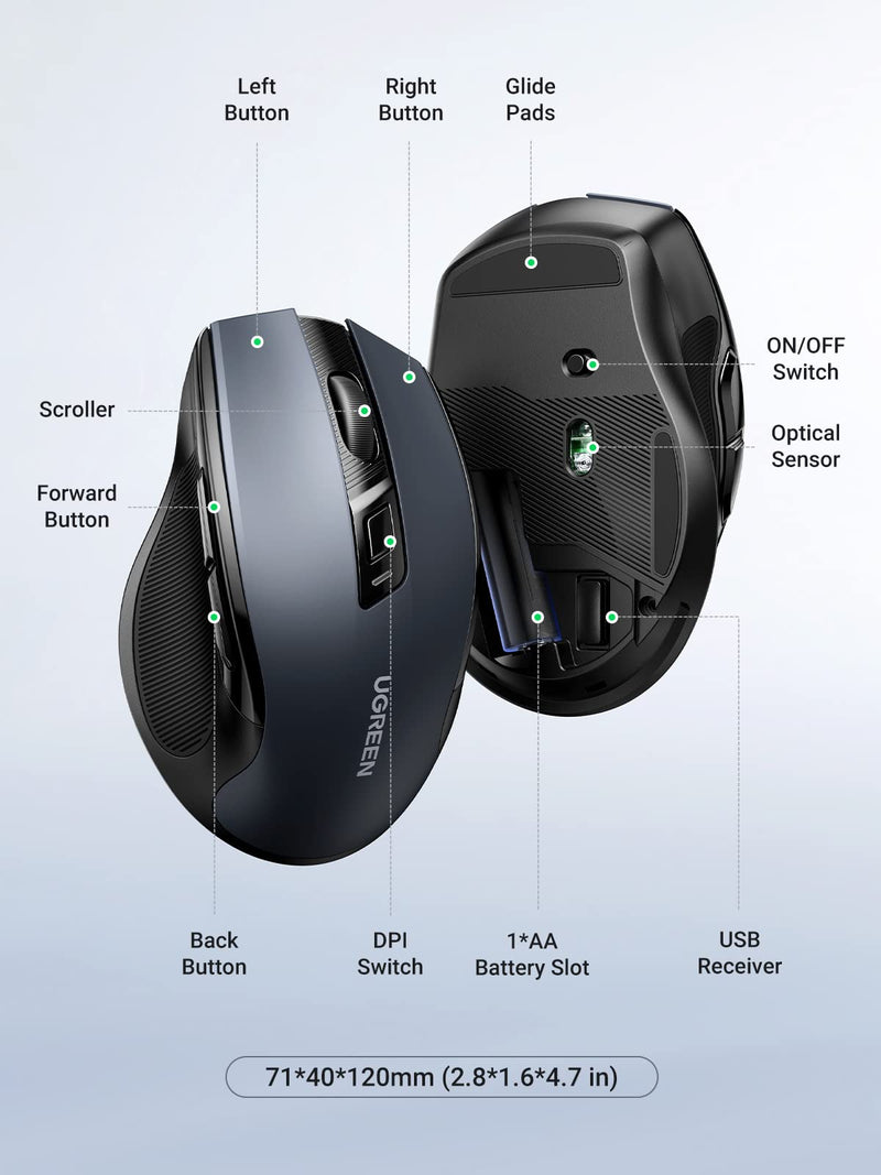 UGREEN Wireless Mouse, Ergonomic Mouse 5-Level 4000 DPI 6 Buttons, 2.4G USB Cordless Silent Mice with Nano Receiver, Wireless Mouse for Laptop, Computer, PC, MacBook, Chromebook - Black