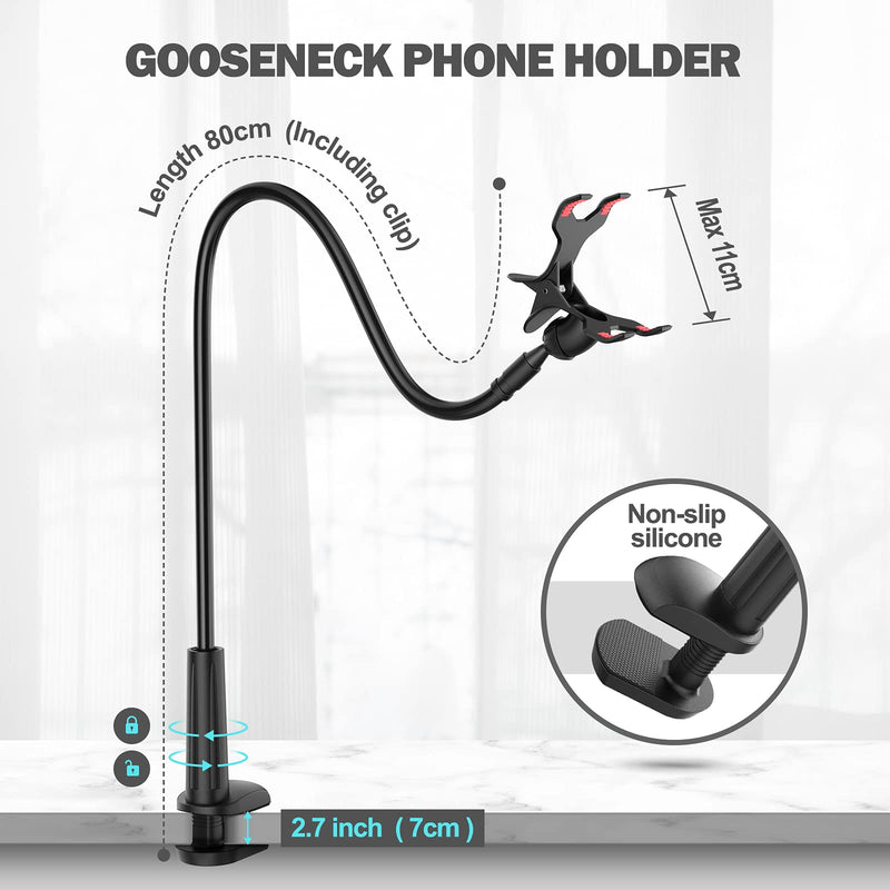 Gooseneck Phone Holder for Bed, Flexible Lazy Arm Cell Phone Holder 360 Adjustable Clamp Bracket Mount Desk for iPhone 14 Pro Max Plus 13 12 Pro Max Mini 11 Pro Xs XR X 8 Samsung S22 S21 Phones Black