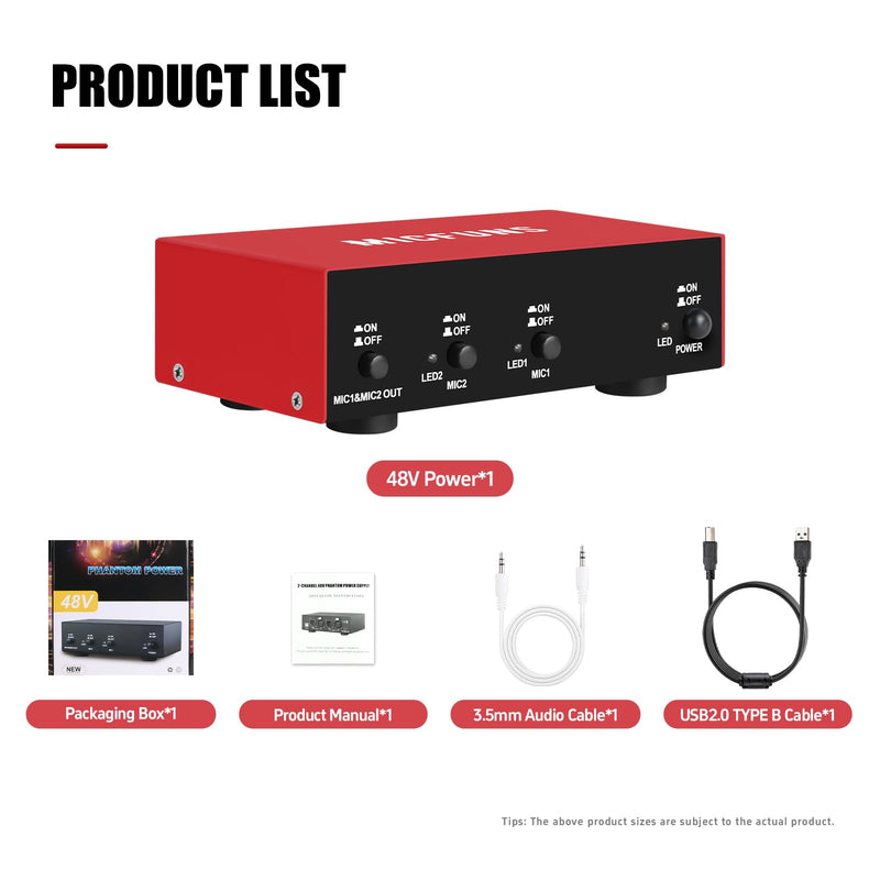 MC New 2 Channel 48V Phantom Power Supply with 3.5mm Audio Cable to Connect Audio Interface for Condenser Microphone Music Recording Equipment (MC2-new red) MC2-new red