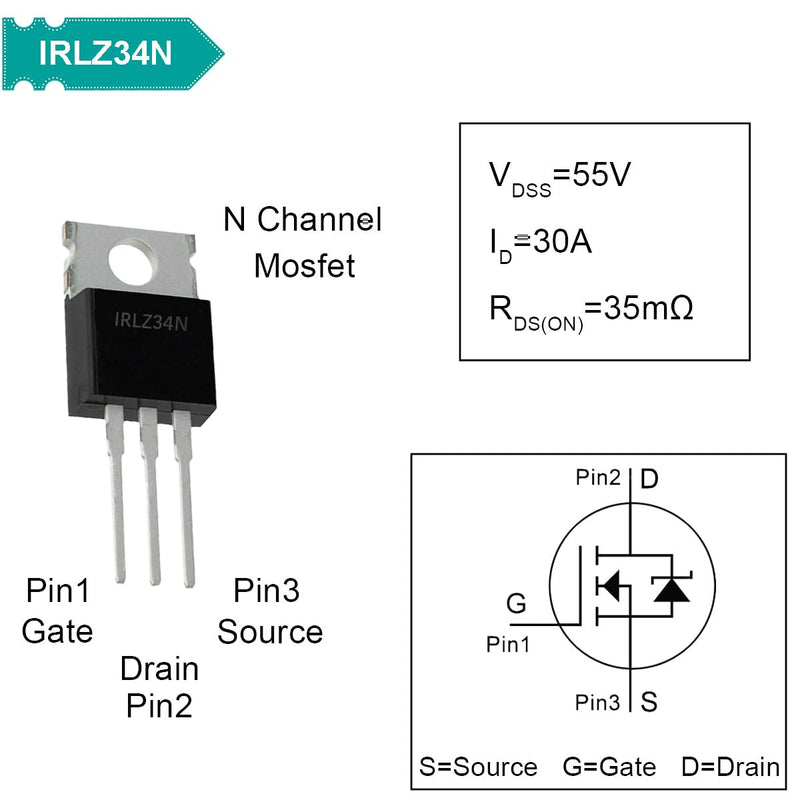 20 pcs IRLZ34N Mosfet Transistor N-Channel 30A 55V IRLZ34NPBF in-line MOSFET Transistor TO-220AB with Aluminum Heatsink Screwdriver Mounting Kits,for DIY