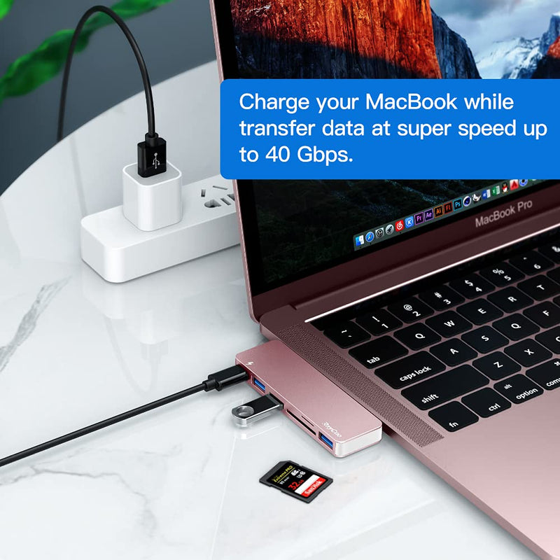 USB C Hub Adapter for MacBook Pro/Air 2020 2019 2018, 6 in 1 USB-C Accessories Compatible with MacBook Pro 13″ and 15″ with 3 USB 3.0 Ports, TF/SD Card Reader, USB-C Power Delivery (Pink) Pink