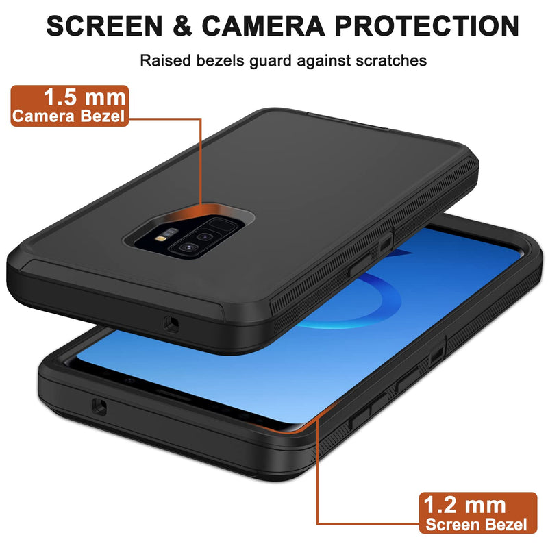 for Samsung Galaxy S9 Plus Case with Belt Clip Holster, 2X Screen Protector, Military Grade Protection Heavy Duty Full Body Shockproof Rugged Protective Cover for Samsung Galaxy S9+ Plus (Black) Black