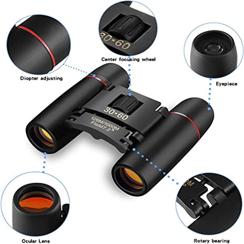 30x60 Mini Compact Binoculars for Adults, Portable Pocket Foldable Binoculars for Waterproof Bird Watching, Mountaineering, Outdoor Hunting