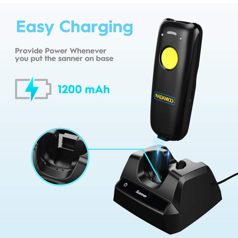 NADAMOO 2D Wireless Barcode Scanner Compatible with Bluetooth, Portable USB 1D 2D QR Code Scanner for Inventory, Bar Code Image Reader for Tablet iPhone iPad Android iOS PC POS, with Charging Dock Yellow