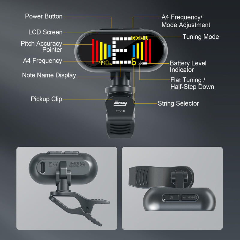 EX Professional Rechargeable Clip-On Guitar Tuner with LCD Screen - Chromatic Clip on Tuner for Acoustic Guitar, Bass Guitar, Ukulele, Violin & Chromatic Gray
