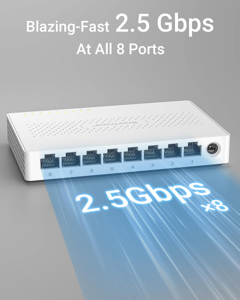 BrosTrend 2.5Gb Switch, 8 Port Unmanaged Network Switch for Gaming, Fanless | Plug & Play Ethernet Switch, 2.5G Multi Gigabit Switch for Xbox, NAS, Computer etc. Desktop / Wall Mount, Lifetime Protection