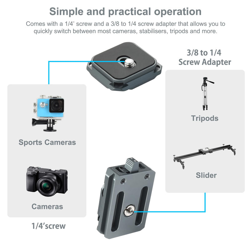 UTEBIT Camera Quick Release Plate Aluminum QR Clamp Adapter Set with 1/4“ & 3/8” Screw Adapter Compatible with Arca Swiss Peak Design Capture V3 Camera Tripod Ball Head