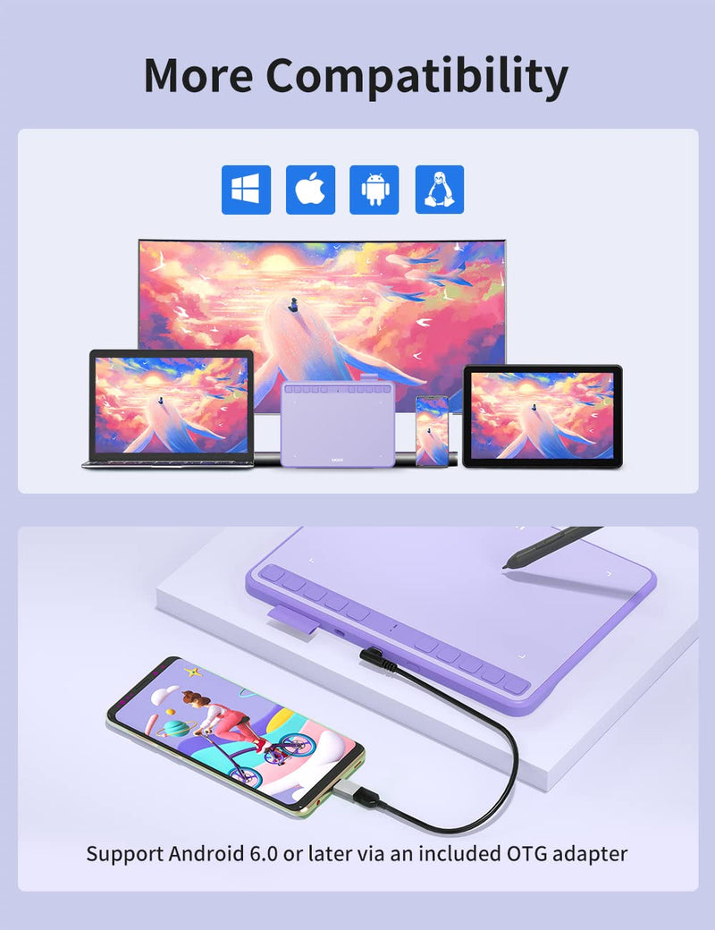 Ugee Drawing Tablet 6.5x4 Inches Computer Graphics Tablets with 10 Hot Keys，Digital Tablet Battery-Free Stylus 8192 Pressure Sensitivity 60°Tilt Function Drawing Pad for PC,Mac,Windows,Android-Purple S640-Purple