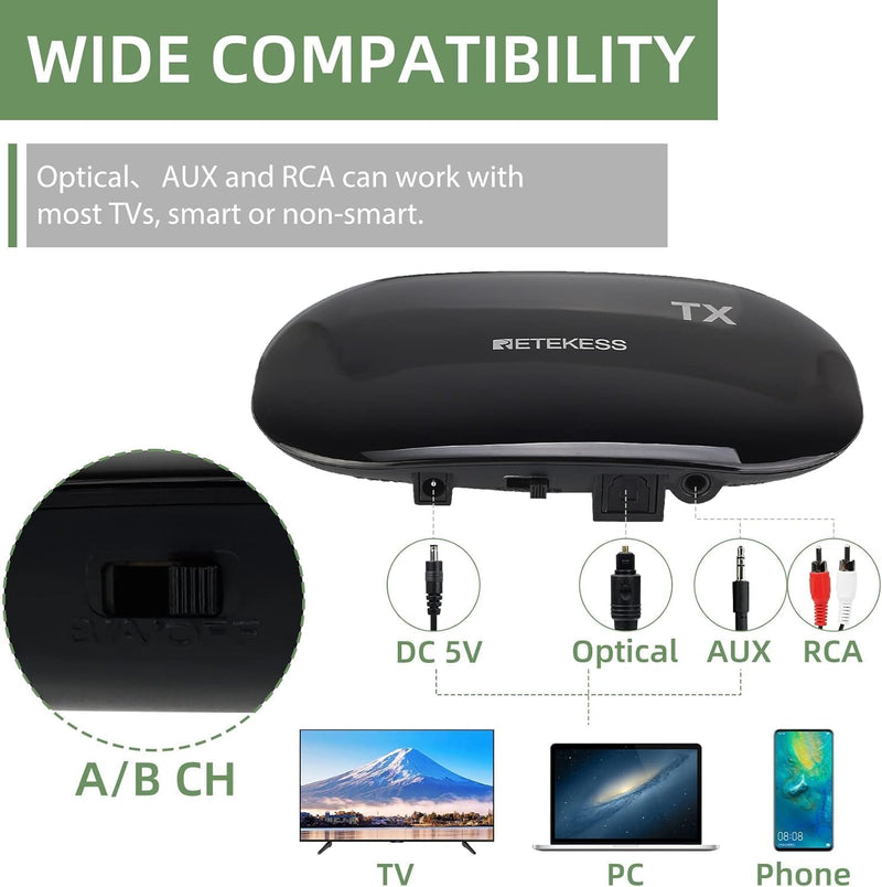 Retekess TA005 Wireless Headphones for TV Watching,TV Headphones for Senior | for Seniors, Elderly, Family, Support Stereo,A/B Channel,30m,Support AUX,RCA and Optical Input
