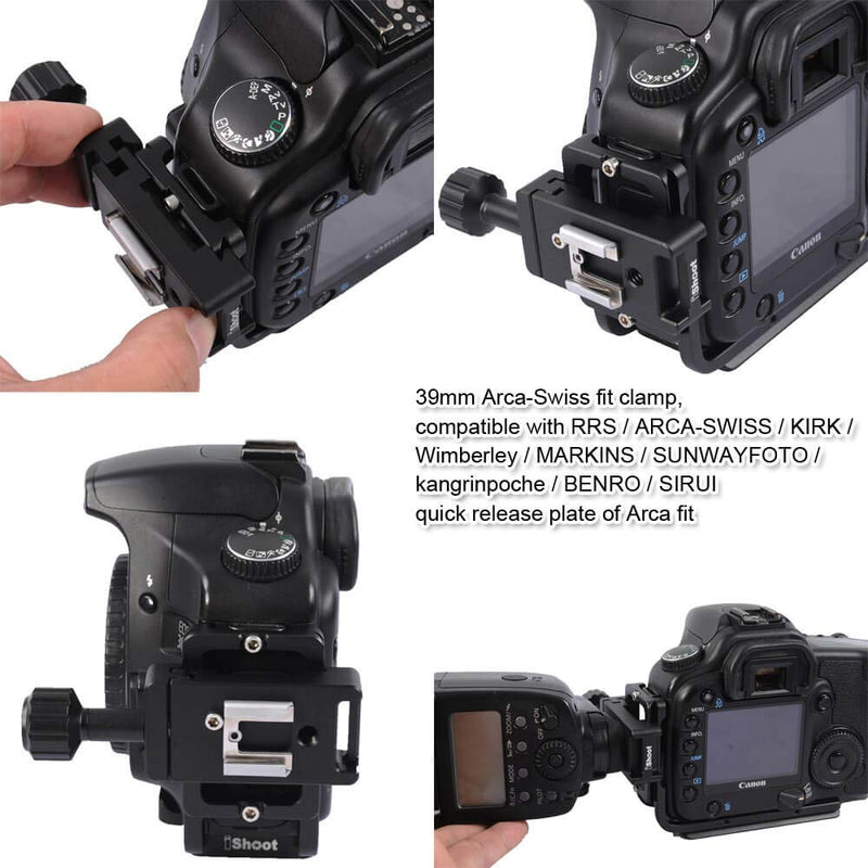 [AUSTRALIA] - iShoot Metal Clamp with Universal Hot Shoe Mount Compatible with 39mm Arca-Swiss Fit Quick Release Pate L-Shaped Camera Holder Bracket Support & Speedlite Flash of Standard Cold Foot 