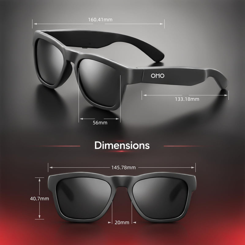 OhO sunshine Bluetooth Audio Sunglasses, Lightweight Open Ear Sport Glasses, 10H Playtime, UV400 ANSI Z87.1, Water Resistant with Voice Control Black Lens