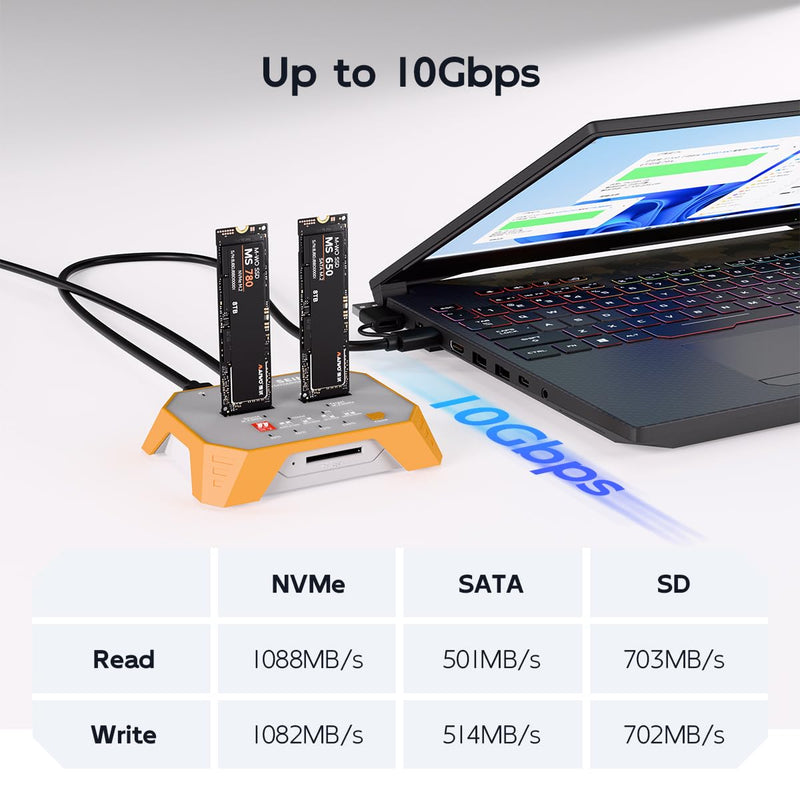 M.2 NVMe & M.2 SATA SSD Docking Station, Tool-Free M.2 Duplicator Cloner with SD Card Reader, Offline Cloning, Plug and Play S3019CL