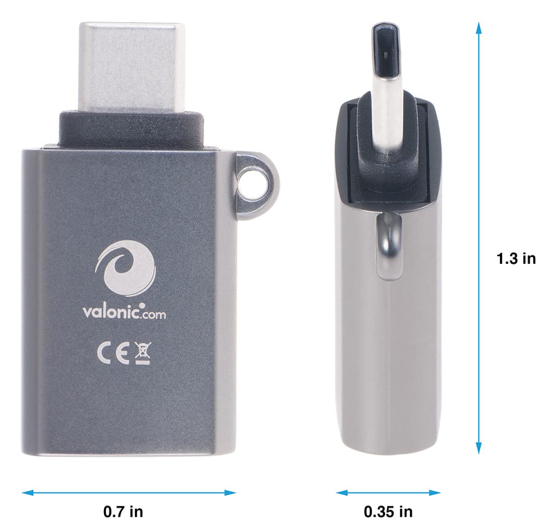 valonic USB C to USB A Adapter - 2 Pieces, Gray - incl. Eyelet and Keychain - USBC Adapter for MacBook, External Hard Drive, USB Stick.