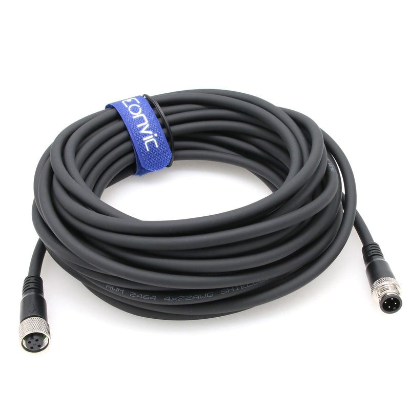Industrial 10M Black M12 A Code 4 Pin Male to Female Sensor Cable, Cat 6 Ethernet, Profibus Compatible