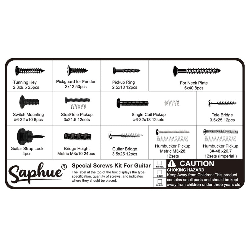 SAPHUE Guitar Screw Kit,201pcs Telecaster Kit, Pickguard Screws， Switch Plate Screws,For Fender/Tele/Strat/Sq,Tuner,Machine Head, Neck Plate,Guitar Strap End Pins,Pickup,Bridge, Guitar Repair Kit multi-size Black