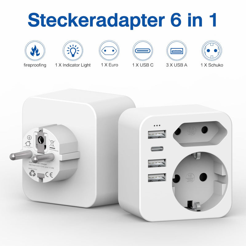 Multiple Socket with 4 USB Power Plugs, Double Plug for USB Socket, Multiple Plug for USB Socket and USB C Adapter, Wall Charger, Power Strip (White) White