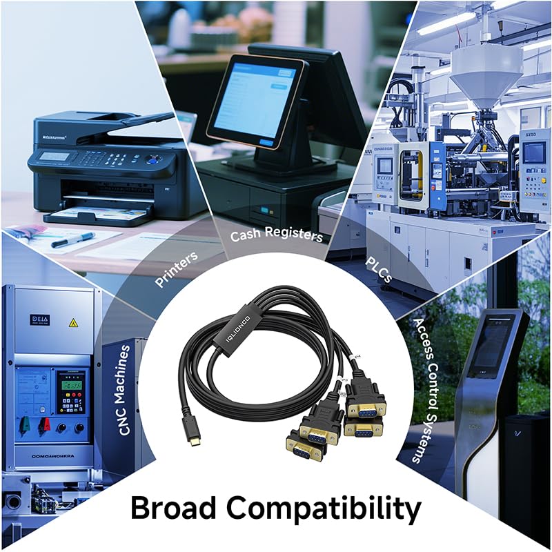 Type-C to 4 Ports RS232 Serial Adapter Cable Converter with FTDI Chip,USB-C to 4X DB9 9-Pin Serial Cable for Windows, Linux, Mac, POS, Router（5FT） C-4DB9