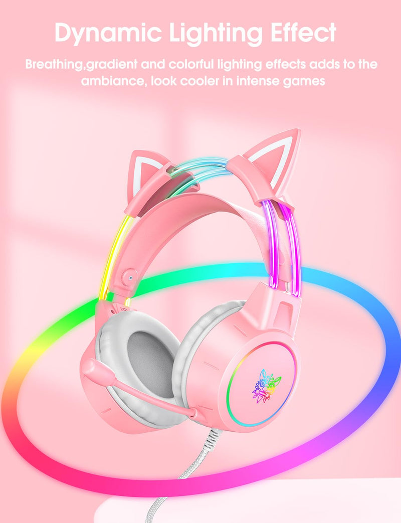 Lightweight Gaming Headset with Detachable Cat Ears, RGB Lighting, Wired Over Ear Headphones with Mic for PC, PS4, PS5, Switch, Stereo Surround Sound, Self-Adjusting Headband Pink Cat Ear