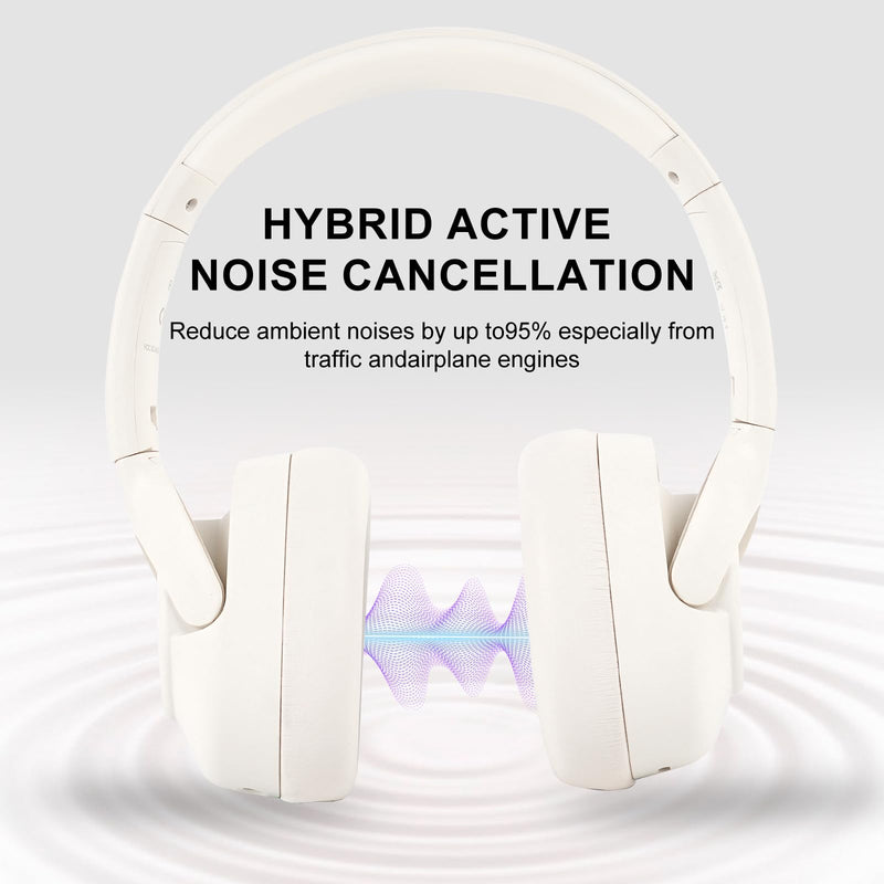 Active Noise Cancelling Headphones: Hybrid Bluetooth Headphones Over Ear with HiFi Audio - Wireless Headset 60H Playtime for Android Bluetooth Devices (White) White