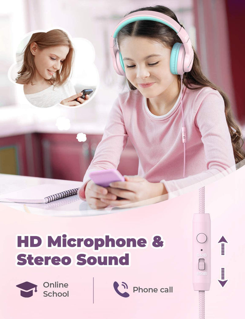 iClever HS19 Kids Headphones with Microphone for School, Volume Limiter 85/94dB, Over-Ear Girls Boys Headphones for Kids with Shareport, Foldable Wired Headphones for iPad/Travel (Pink) Pink M