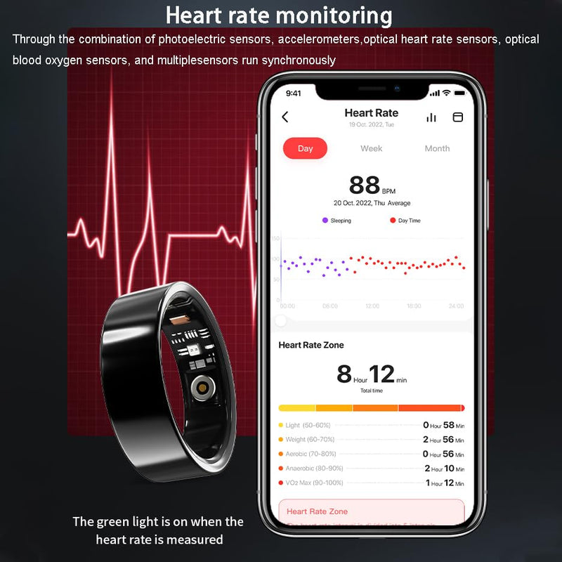 Smart Ring, No Subscription Fee, Heart Rate/Blood Oxygen/Sleep Monitor, Pedometer,IP68 Waterproof Fitness Tracker for iPhone &Android Black 9