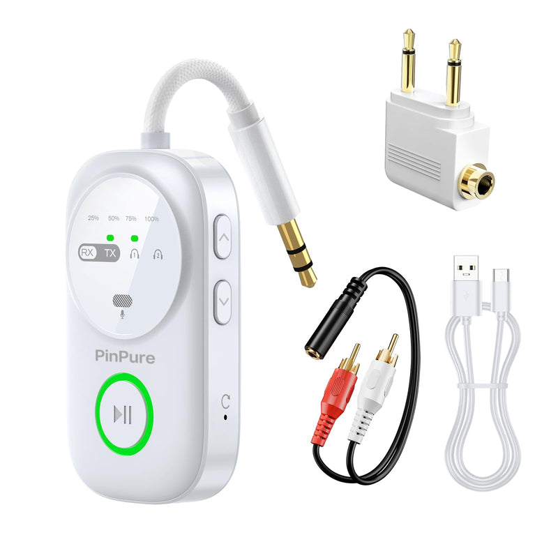 Bluetooth 5.4 Transmitter Receiver for 2 AirPods/Headphones, 2-in-1 Wireless Adapter with Microphone, Audio Adapter with 3.5mm Audio Jack, Suitable for Airplane, Car, TV, PC, Home Stereo White