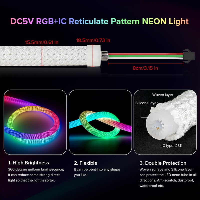BTF-LIGHTING 9.8FT WS2811 WS2812B IC RGB DC5V 360 Degree Round Reticulate Pattern Chasing Color Neon LED Strip Flexible Nylon Silicone IP67 Waterproof Dream Color Rope Light(No Adapter or Controller) 9.8FT-Only Neon Light