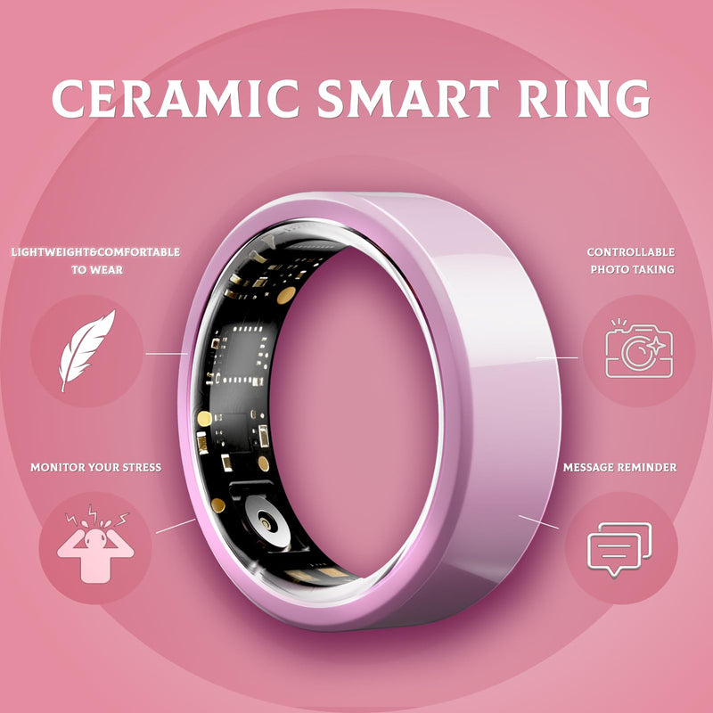 Pink Ceramic Smart Ring for Women and Men,Fitness Tracker Ring with 24/7 Heart Rate, Blood Oxygen & Sleep Tracking, NFC Access Control, 5ATM Waterproof (#9) 9